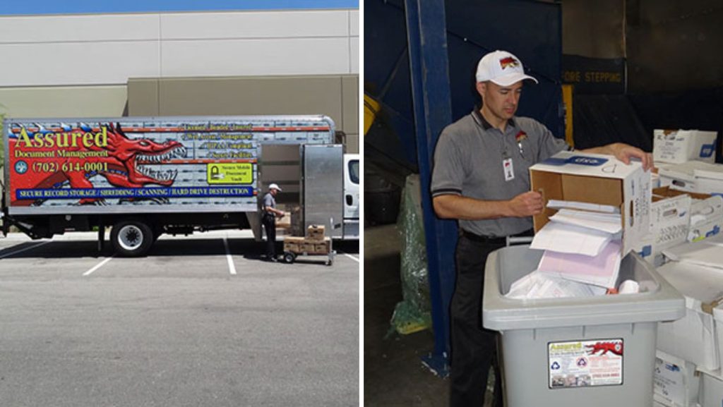 Shredding truck and shredding company employee with documents