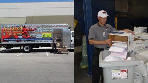 Shredding truck and shredding company employee with documents